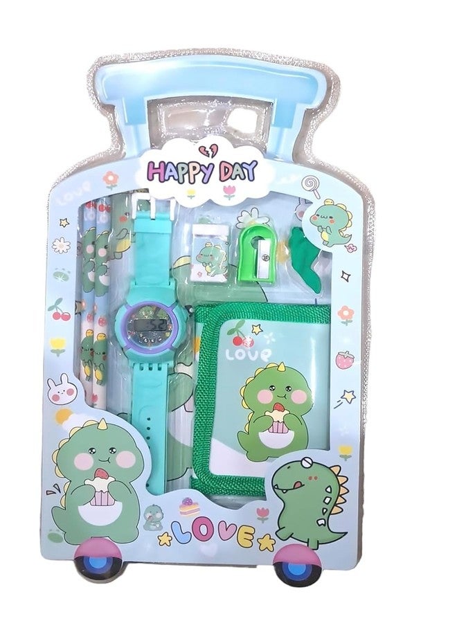 SAMVARDHAN 7 in 1 Stationery Gift Set for Children | Stationery Supplies Bundle with Digital Watch, Sharpener, Eraser, 2 Pencils, Wallet Pouch Return Gift for Kids (GIFTSET-9005-PACK1-SUMMER-GREEN) - Image 4